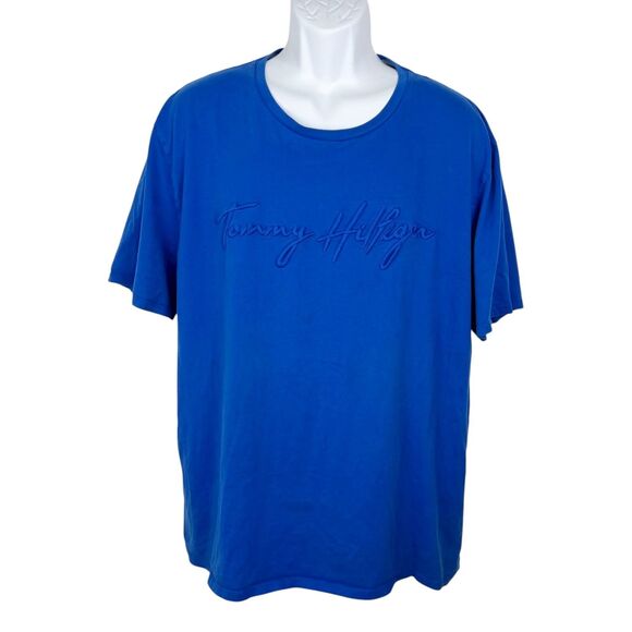 Tommy Hilfiger Shirt Men XXL Blue Short Sleeve Crew Neck Spellout Embroidery Tee - Picture 1 of 14
